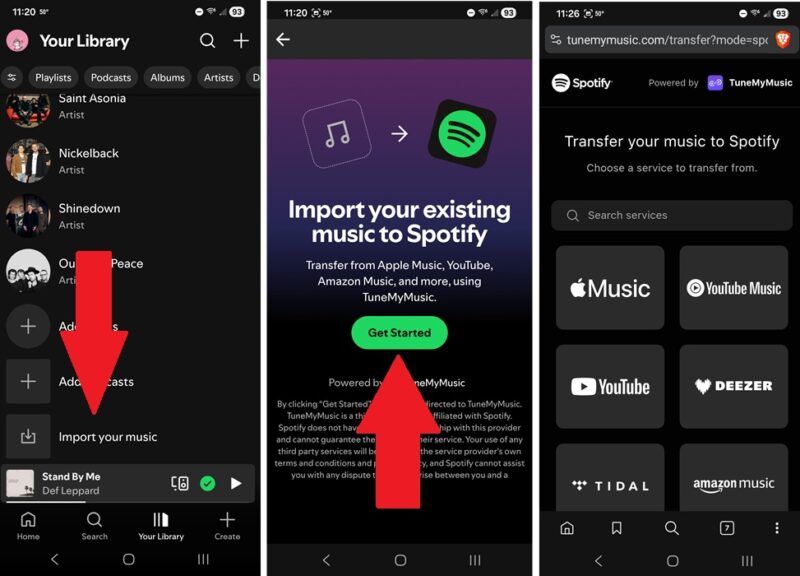 Choosing a service to import music from.