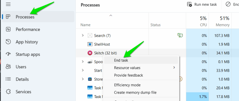 List of processes in Task Manager and ending Skitch process