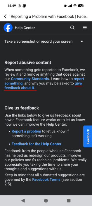 Selecting "Give feedback about it" in Facebook Help Center.