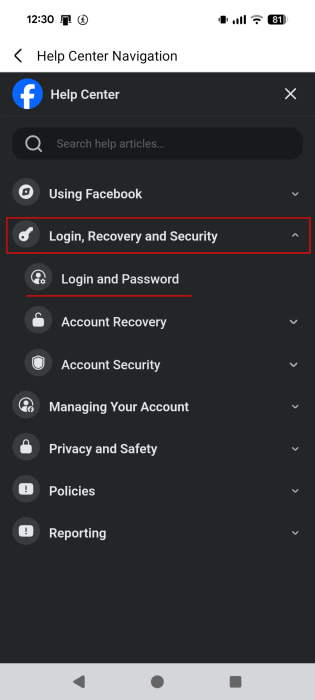 Selecting "Login, Recovery and Security" option in Facebook Help Center.