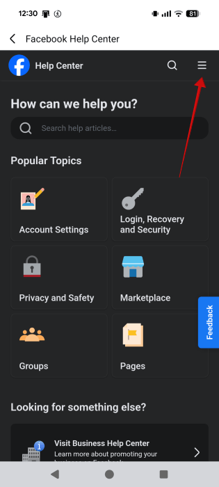 Tapping hamburger menu in Facebook Help Center. 