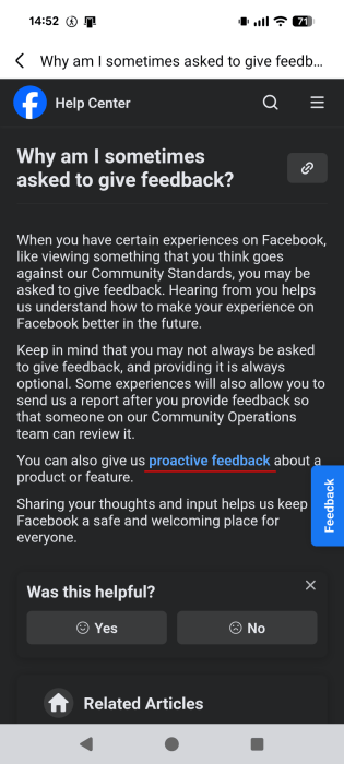Opting for "Proactive feedback" in Facebook Help Center.