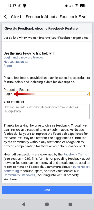 Giving Facebook proactive feedback about login issus. 