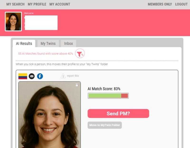 Trying a face search on Twin Strangers.