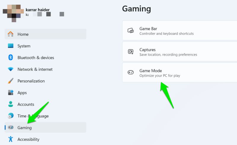 Gaming options in Windows 11 settings