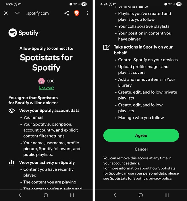 Agreeing to Stats.fm terms.