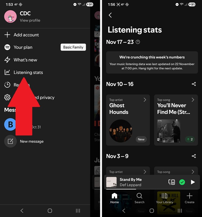 Viewing Spotify's built-in Listening Stats.