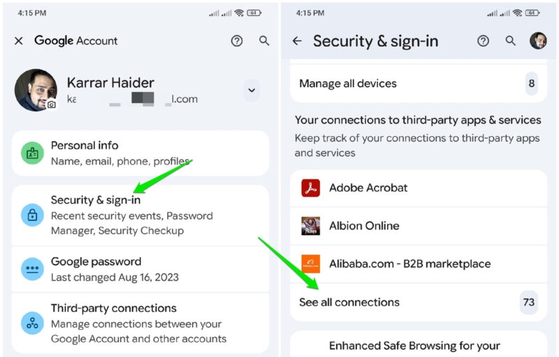Google Third Party Connections menu