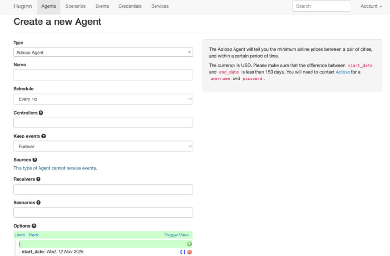 Creating new agent in Huginn