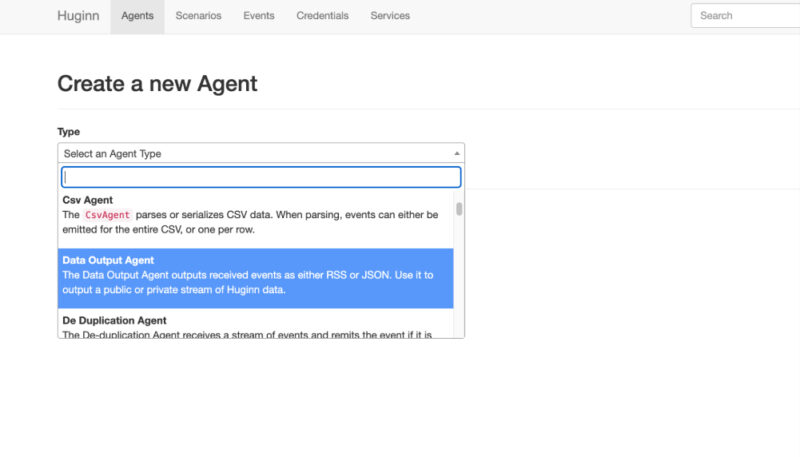 Huginn agent creation page