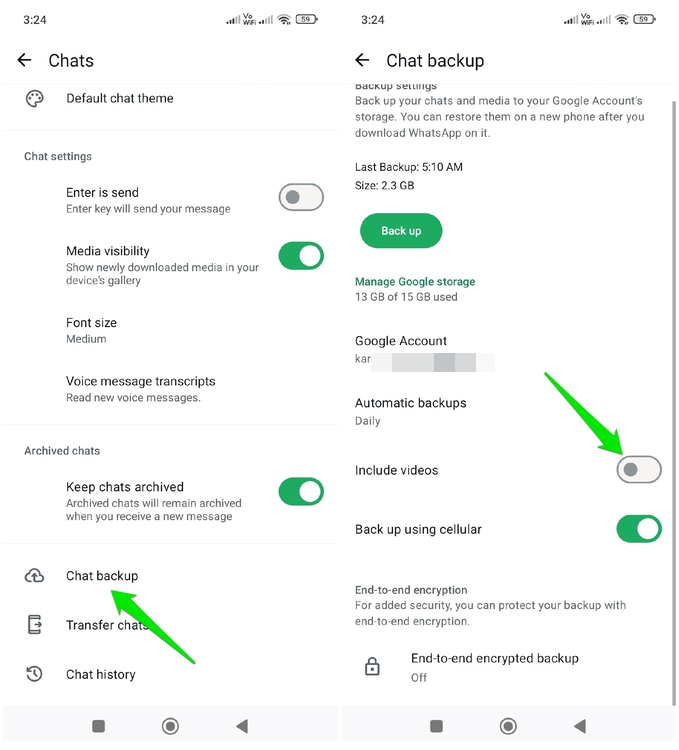 Include Videos option disabled in WhatsApp