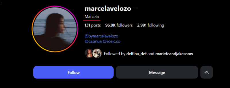 View of display name on Instagram profile via the web version. 