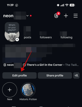 Selecting the "Edit profile" option on Instagram profile in the mobile app. 