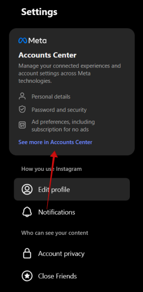 Tapping on "See more in Accounts Center" in Instagram on the web.