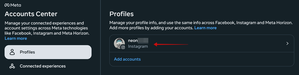 Selecting profile in Instagram Accounts Center on PC. 