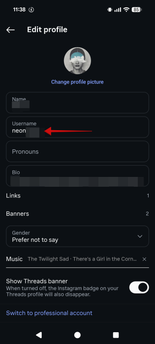Changing username for Instagram account in mobile app. 