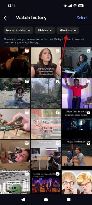 Tapping on "All authors" option in Watch history in Instagram.