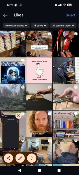 Tapping on "All content types" in Instagram Likes menu.