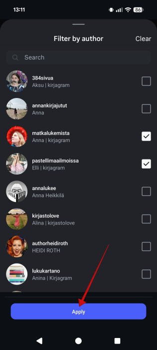 Selecting to view content only from certain creators in Watch history on Instagram. 