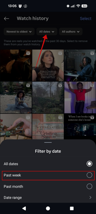 Filtering Watch history by date in Instagram app. 