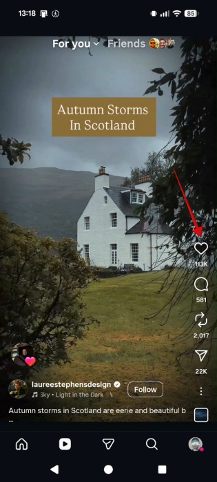 Tapping on Like button for Reel on Instagram. 