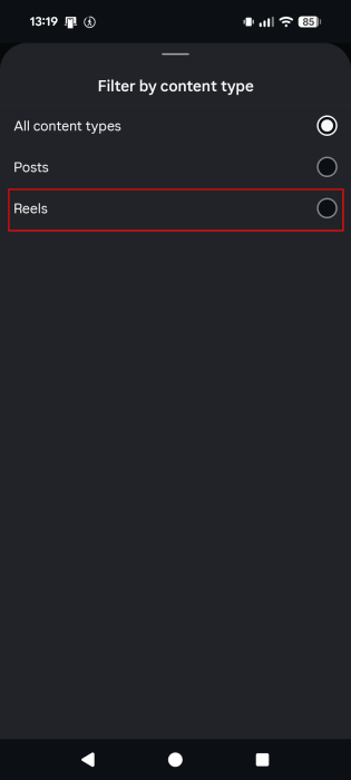 Switching to "Reels" to view only liked videos in Instagram. 