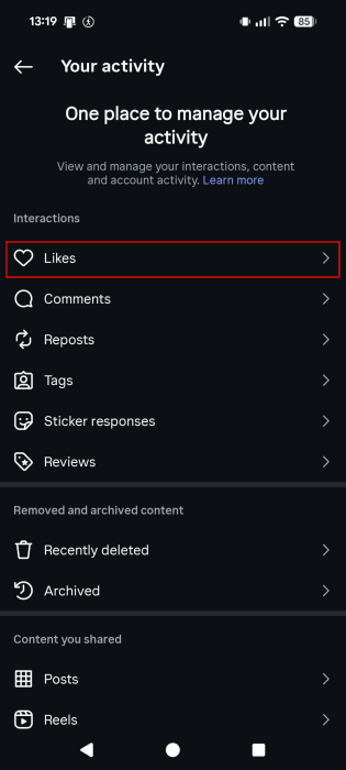 Navigating to "Likes" in the Instagram app Settings.
