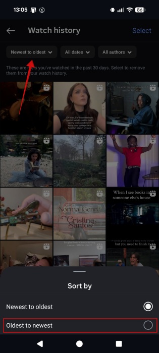 Changing view in Instagram Watch history from "Oldest to newest". 