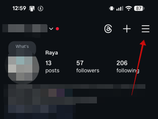 Tapping on hamburger menu on Instagram profile. 