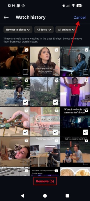 Tapping button to "Remove" watched videos from Watch history on Instagram. 