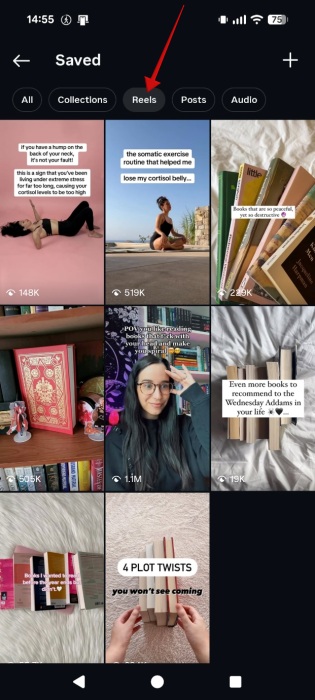 Tapping on "Reels" tab in Saved post section on Instagram.