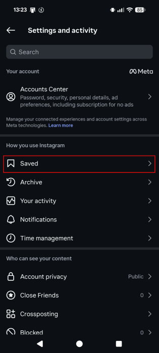 Accessing "Saved" section in Instagram Settings. 