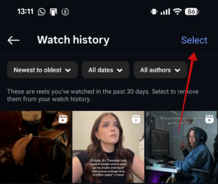 Tapping on "Select" button in Instagram Watch history.