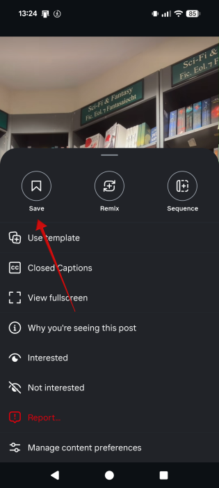 Pressing "Save" on Instagram Reel. 