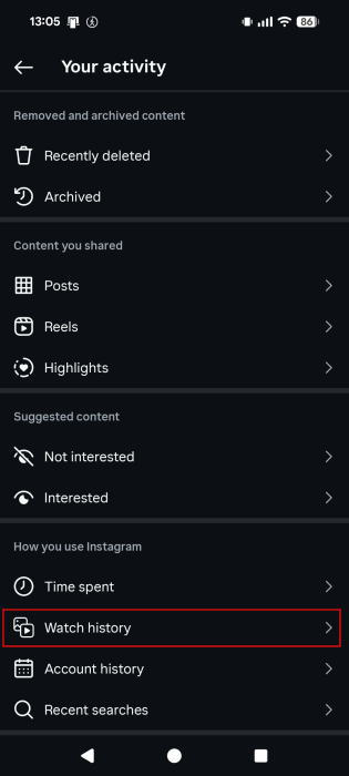 Accessing "Watch history" option from Instagram Settings.