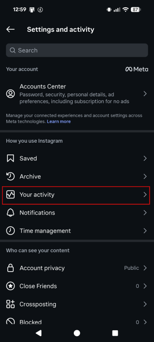 Selecting "Your activity" in Instagram Settings. 