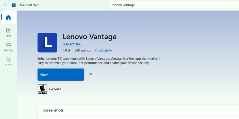 Lenovo Vantage Windows Store