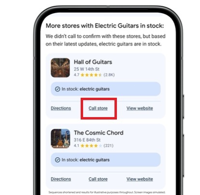 Google results for electric guitars offering to call the store.