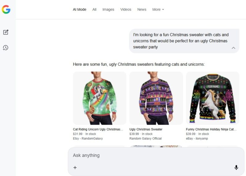 Example of using AI Mode in Google search to find ugly Christmas sweaters.