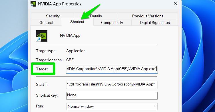 LNK File Target Field showing Nvidia app location