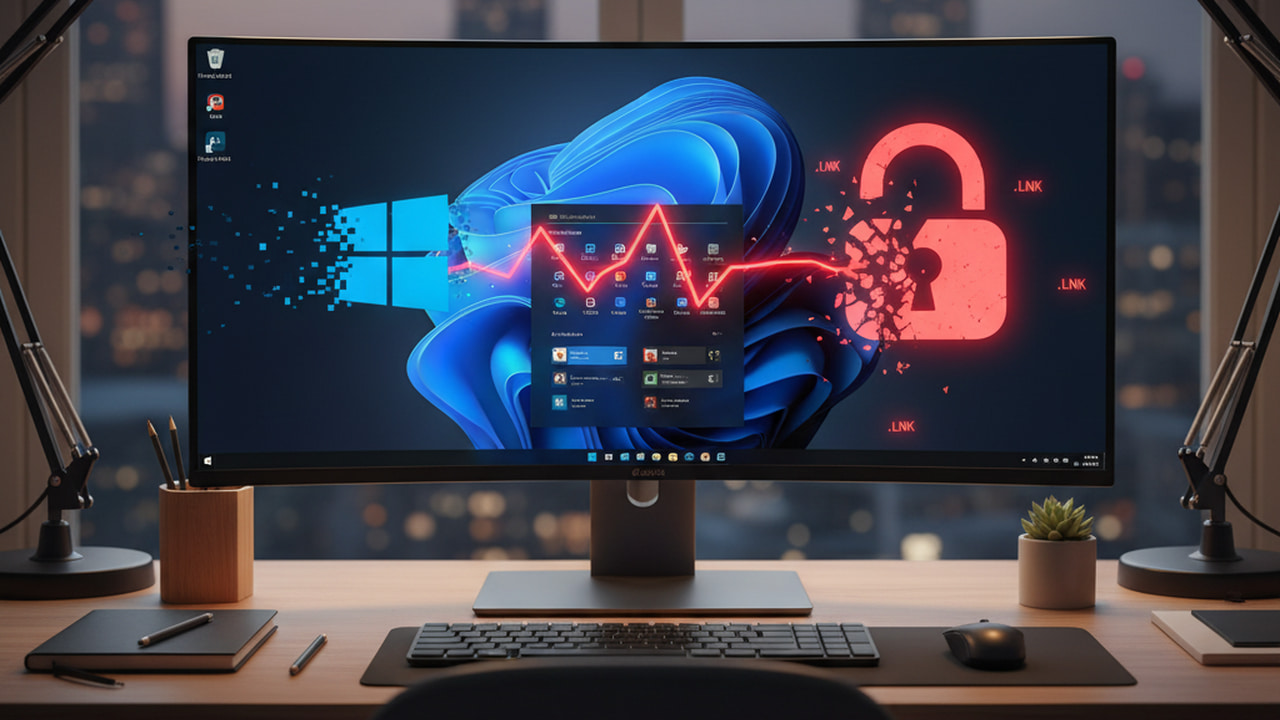 Windows 11 PC on a table with LNK file reprenstation using broken padlock
