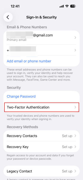 Tapping on "Two-Factor Authentication" option in Sign-in & Security options on iPhone.