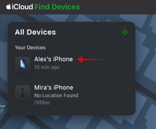 Selecting lost iPhone from Find My list of devices on PC.
