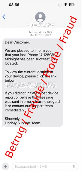 Example of scam message sent to owner of lost iPhone.