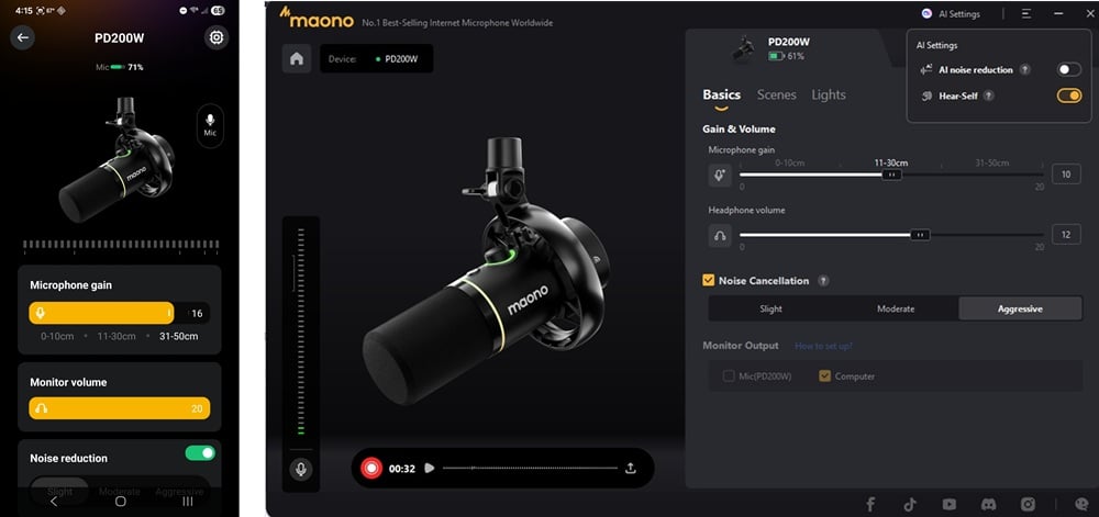 Maono Internet connect mobile phone app and also desktop computer app.