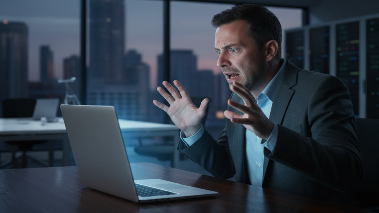 A man panicked and scared looking at laptop in an office