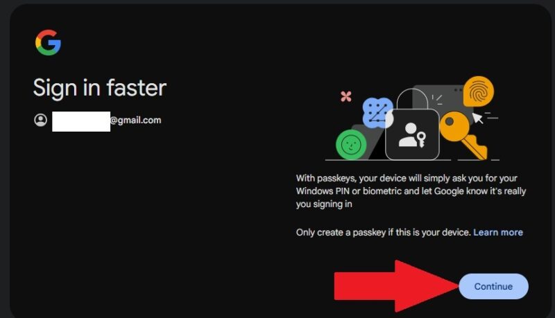 Prompt to create a passkey for Gmail login.