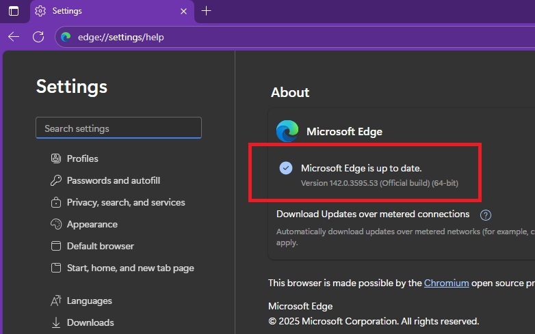 Checking Microsoft Edge version in Edge settings.