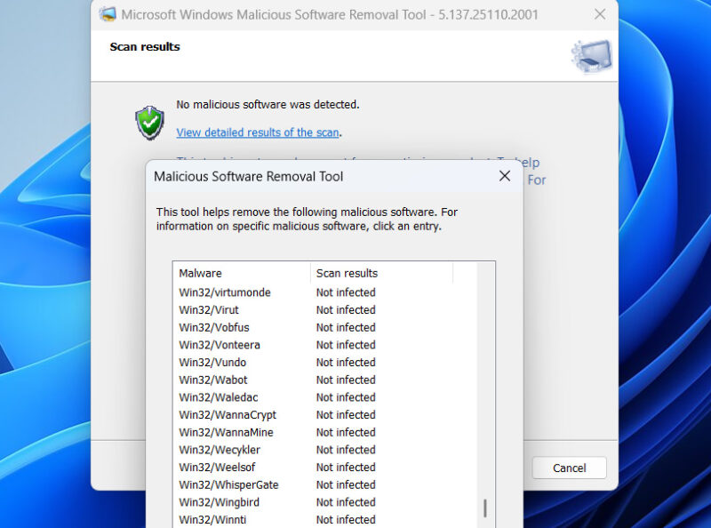 MSRT showing list of malware it can detect
