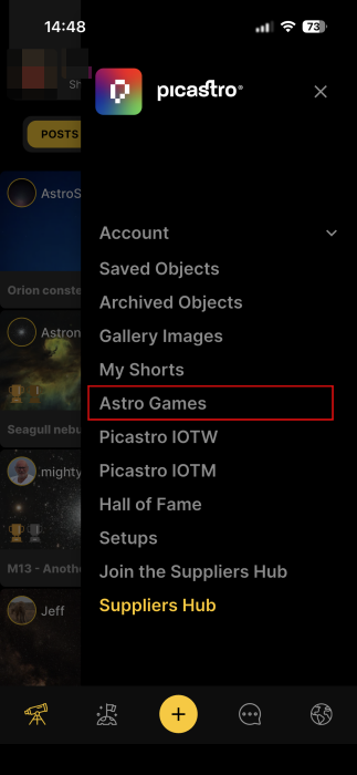 Tapping on "Astro Games" option in Picastro app. 